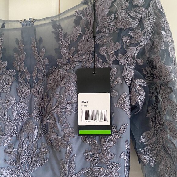 La Femme Embroidered Tulle Sheath Gown, Size6,Slate Color